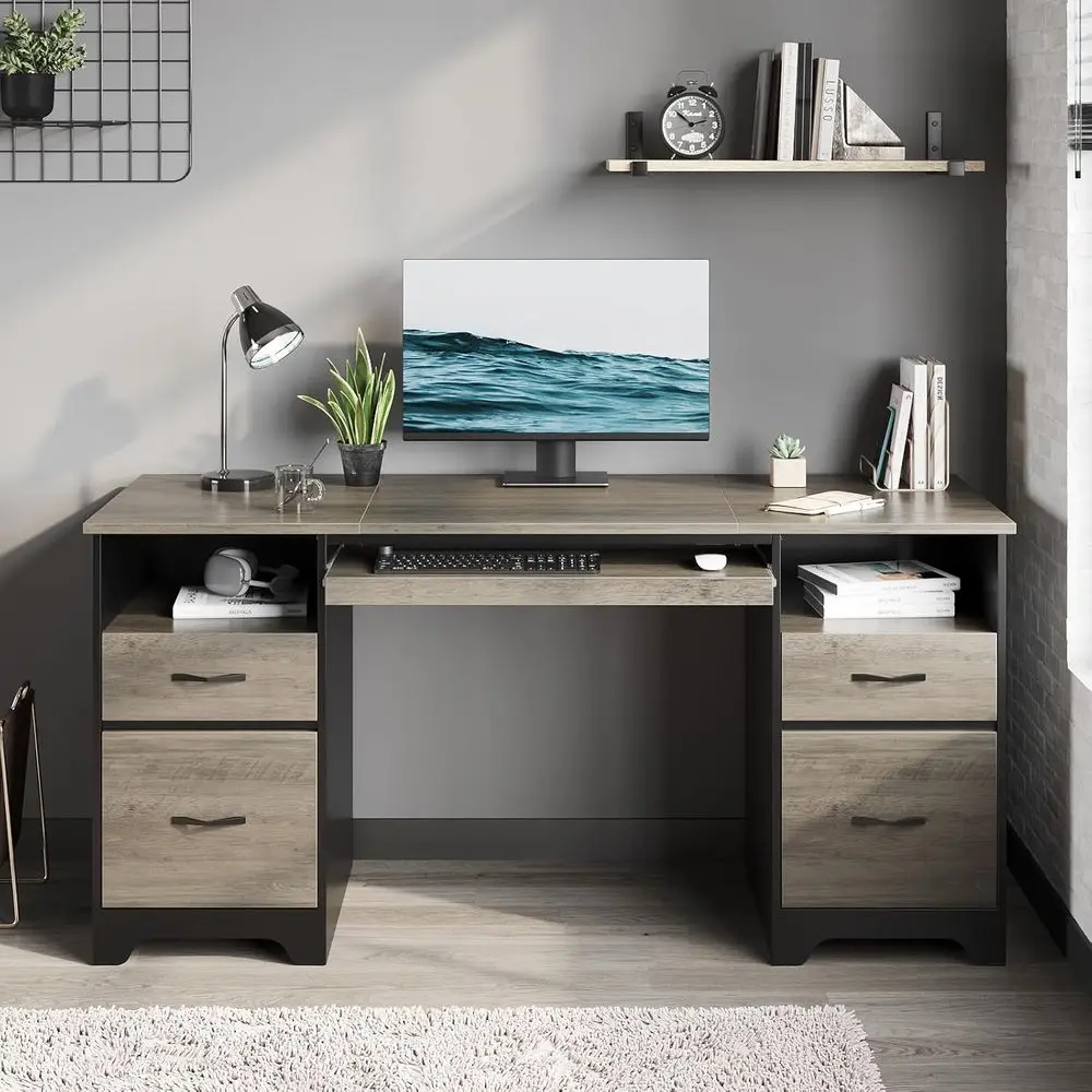 59 Inch Oice Desk with 4 Ders, Computer Desk with Storage, Executive Desk with ile Der, Keyboard Tray & 2 Pedestals on Both Side