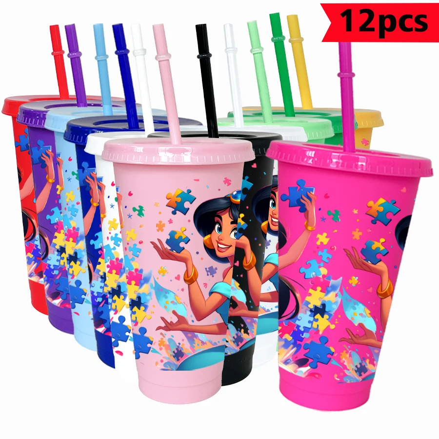

12pcs/pack Disney Princess Jasmine Puzzle 26oz Multicolor Plastic Water Cup Party Drinkware Birthday/Back to School Gift