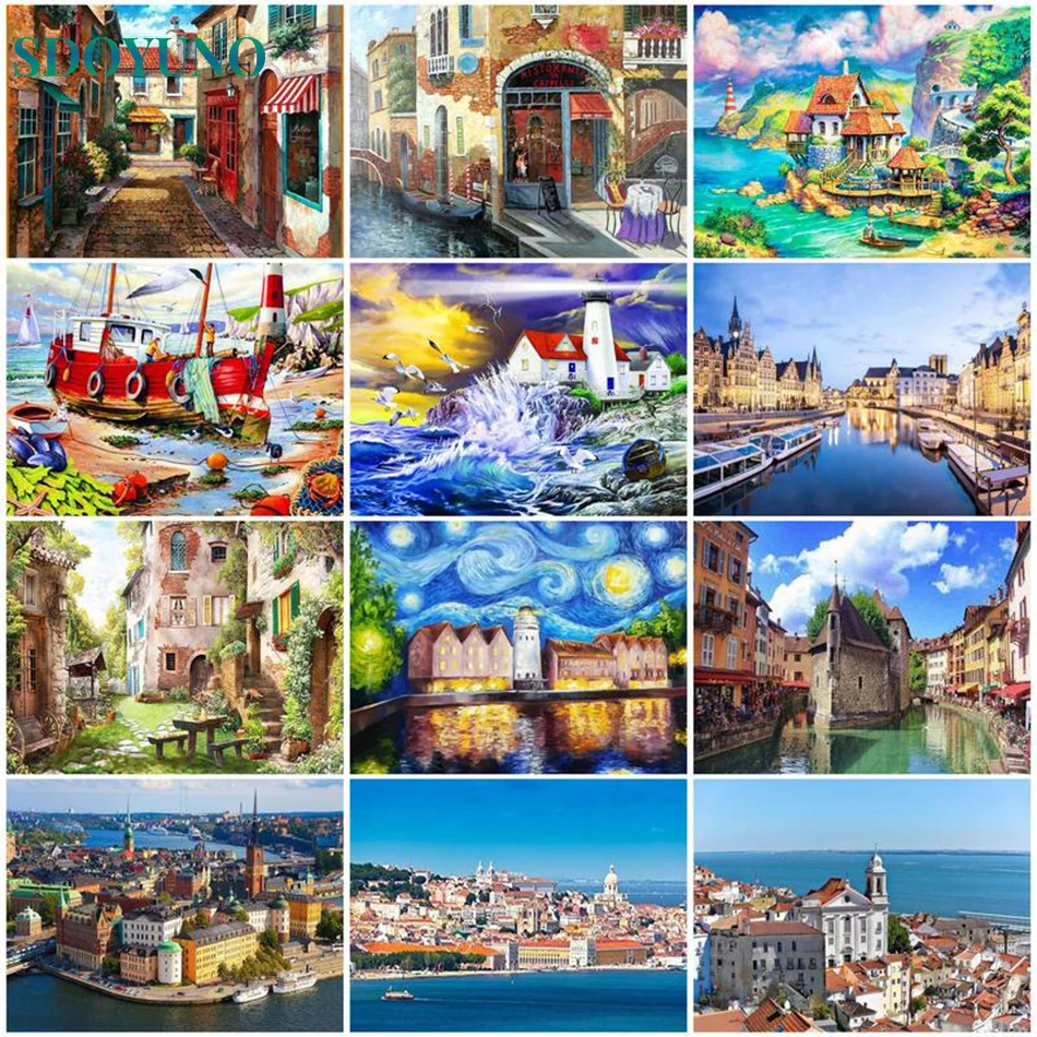 

SDOYUNO Paint By Numbers Landscape Town DIY Frameless Acrylic Paint For Oil Painting By Numbers On Canvas Home Wall Decor