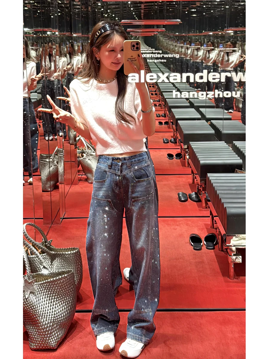 

American High Street Fashion Rhinestone Denim Pants Loose Slim High Waist Wide Leg Long Women's Personality Spring New Arrival