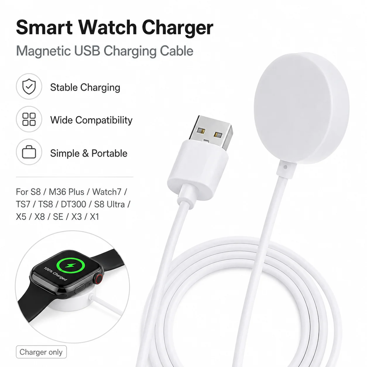 Smartwatch Charger for S8 M36 Plus Watch7 TS7 TS8 DT300 S8 Ultra X5 X8 SE X3 X1 Replacement Charging Cable Dock