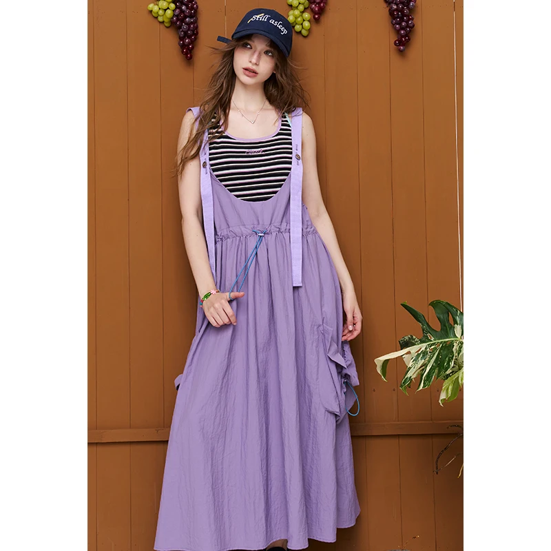 ELFSACK Casual Drawstring Waist Overalls Dress, Loose Cargo Style Long Suspender Skirt with Pockets