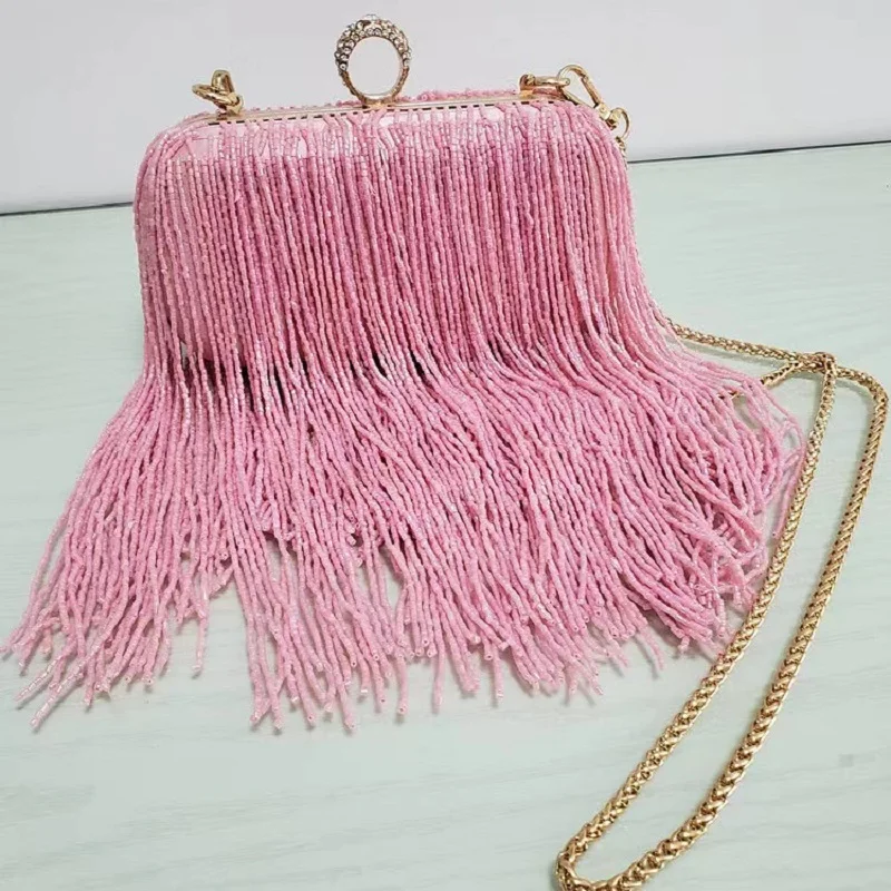 Luksusowe koraliki frezowanie długi frędzel ręcznie robiona torba wieczorowa moda damska torebka wesele kopertówka torebka na ramię Crossbody
