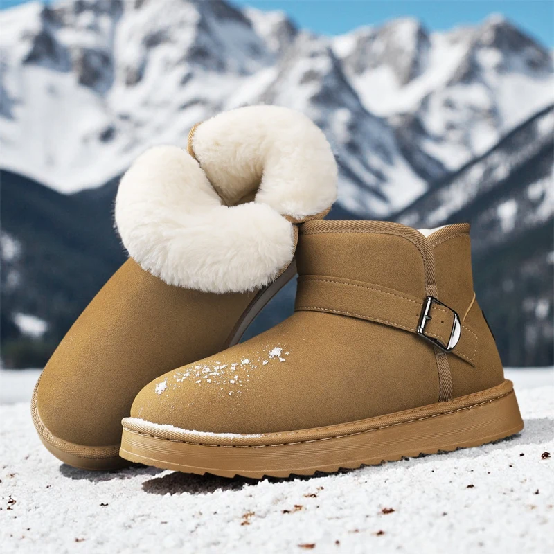 ClassicMetal Belt Buckle Suede Snow Boots.Men's andWomen's Matching Winter ComfortableFlatHeelWarmLong Ankle Boots. Short Boots.