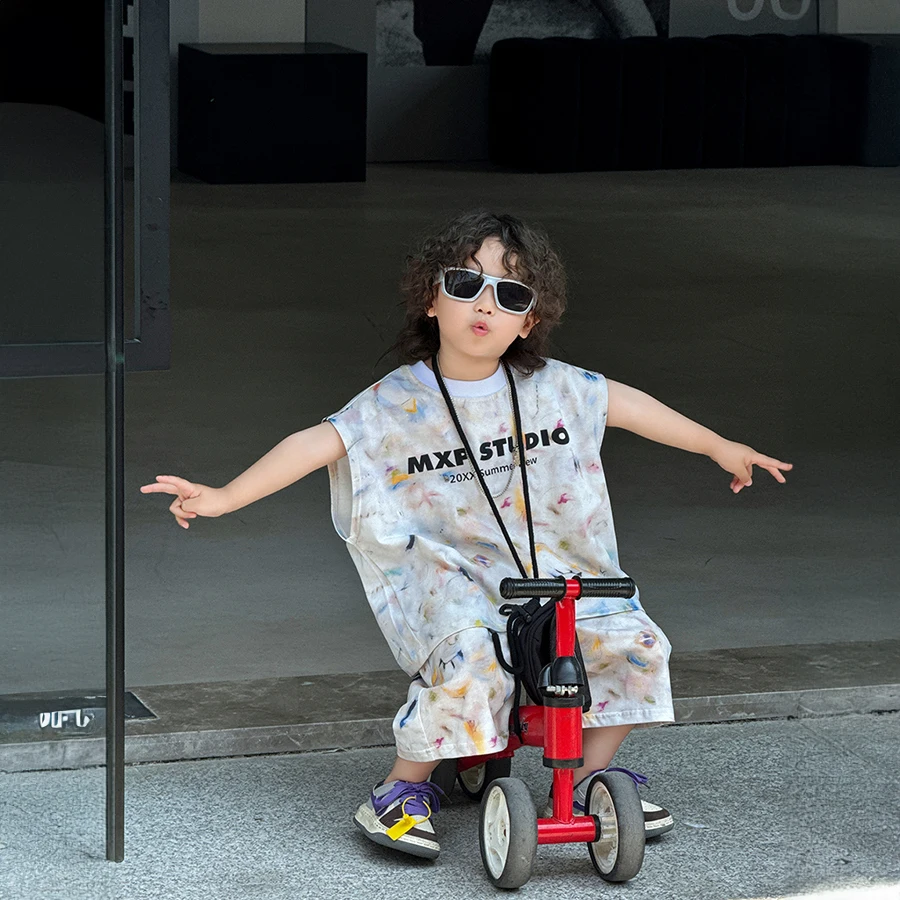 Terno de colete sem mangas fino infantil, impressão a cores e tingimento, versão coreana de roupas infantis, verão