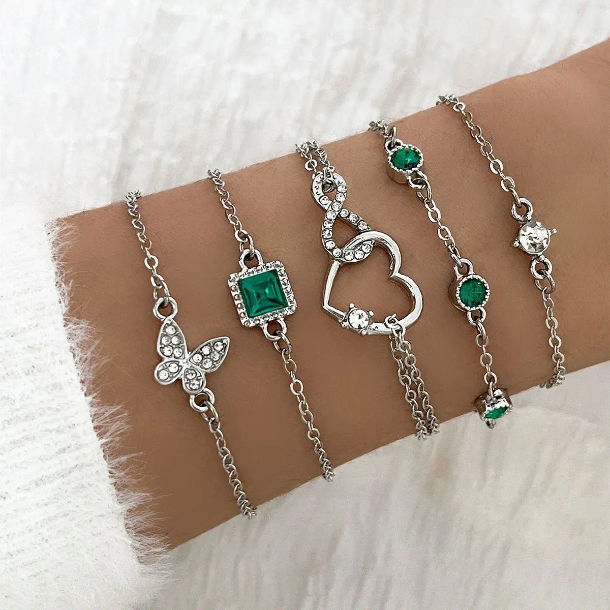 New Luxurious Geometry Square Green Crystal Bracelets Women Fashion Exquisite Butterfly Love Heart Metal Bracelets Set Jewelry