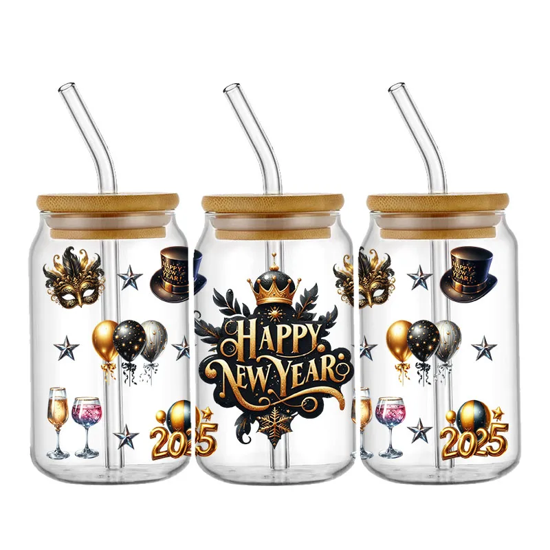 Happy New Year 2025 16oz UV DTF Cup Wrap Libbey Glass Sticker Can Tumbler Transfer for Cup Wraps Libbey