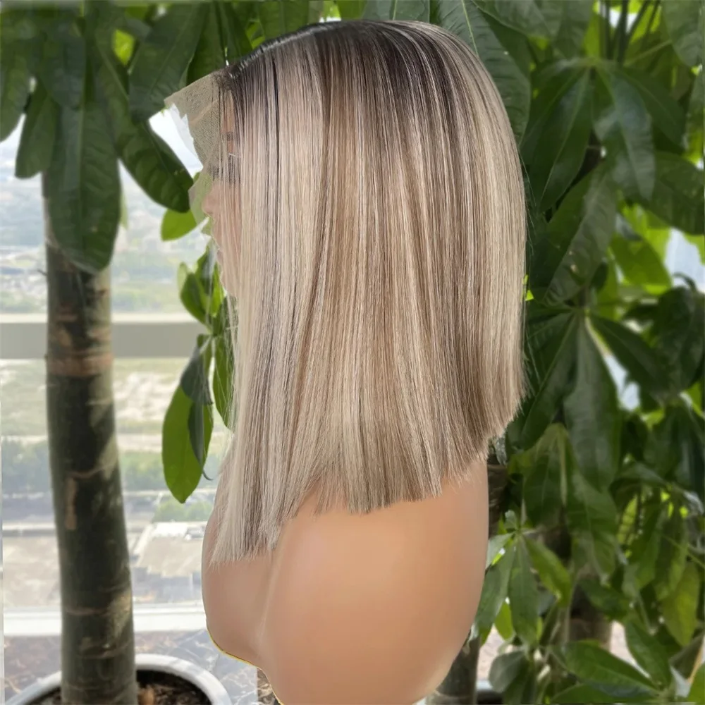 Short Blonde Bob Wigs for White Women Ash Blonde Highlights Straight Wig Premium Synthetic Blend Natural Looking Daily Party Wig