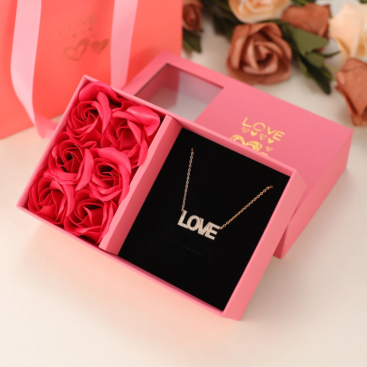 Zircon Letter Necklace LOVE Necklace Stainless Steel 18K Gold Plated With Pink 6 Rose Flower Box Valentine's Day  Gift For Her