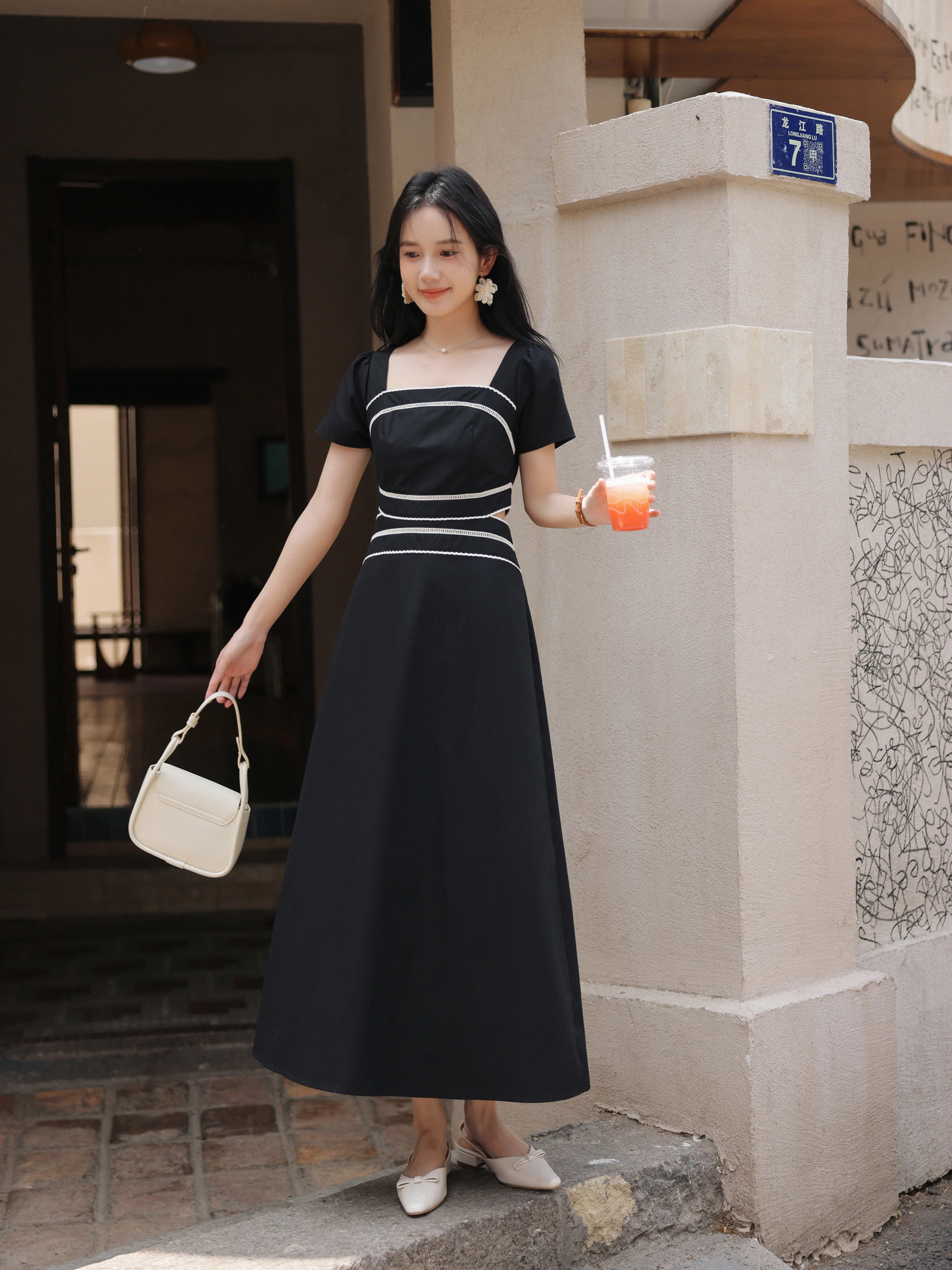 Robe longue en dentelle ajourée pour femmes, élégante, noire, Slim, ligne a, manches courtes, découpe de la taille, Patchwork, robe de soirée formelle, été