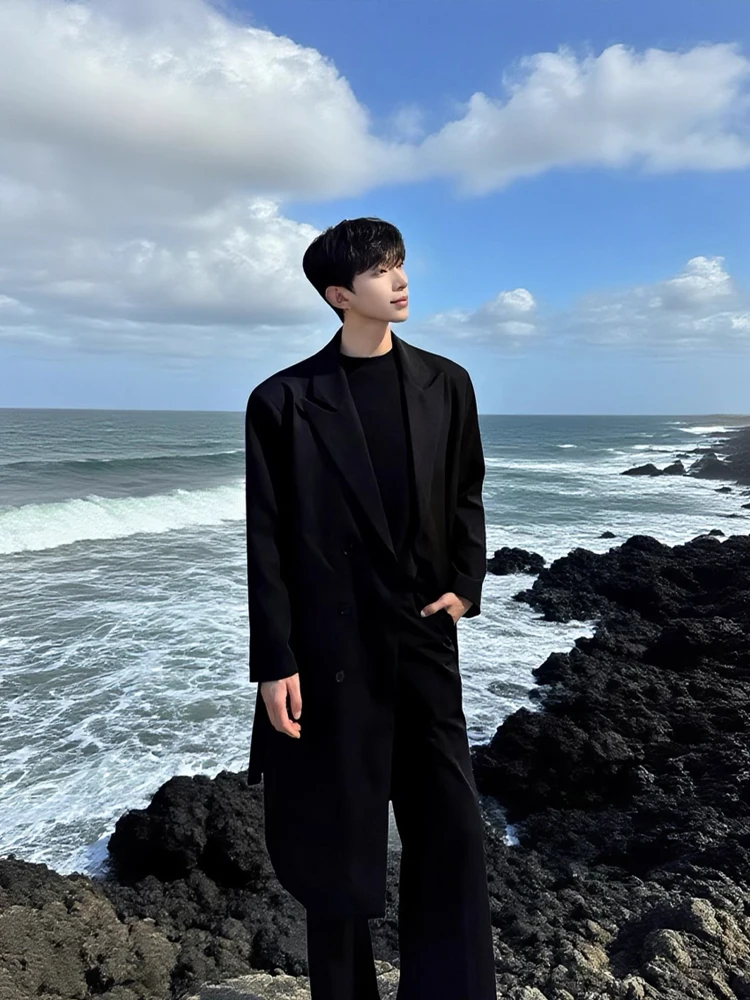 

Bla Briti Sle Long Coat Jaet Men's Autumn Ele Faion High-End Feeling Haome Korean Sle Suit Coat