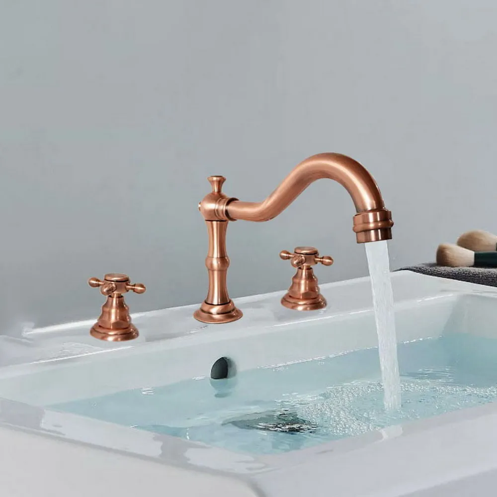 

Antique Red Copper Brass Deck Mounted Dual Handles Widespread Bathroom 3 Holes Faucet Mixer Water Tap arg041
