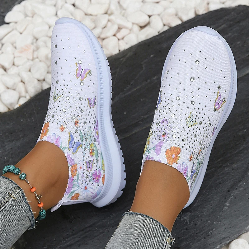 Flower Prints Knitted Flats for Women Plus Size Shiny Crystal Breathable Mesh Loafers Woman 2023 Autumn Slip-On Walking Shoes