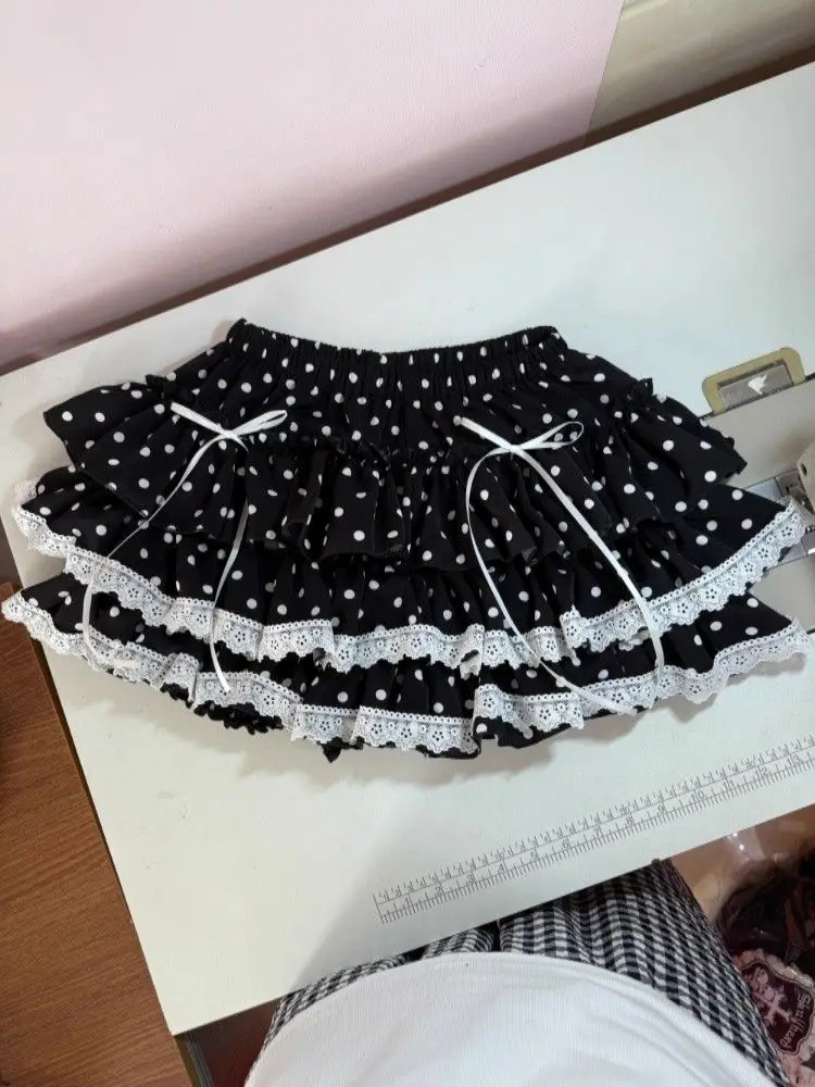 

Japanese Sweet Retro Polka Dot Cake Skirt Women Bow Lace Patchwork Fluffy Slim Skirts New Design Sense Fashion Clothing Summer
