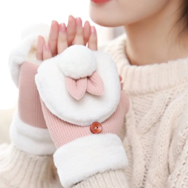 Lovely Plush Bear Mittens Fingerless Gloves Women Winter Warm Rabbit Fur Knit Mittens Flip Half Finger Gloves for Cycling