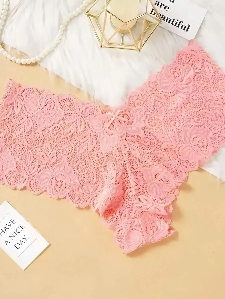 

Pink Lace Womens Boyshort Panties Low Rise Soft Floral Pattern