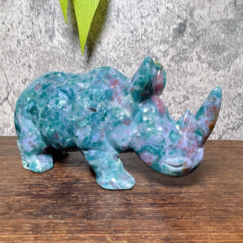Natural Ocean Jasper Rhino Carving Handmade Polished Animal Statue Powerful Home Decoration Lucky Gift