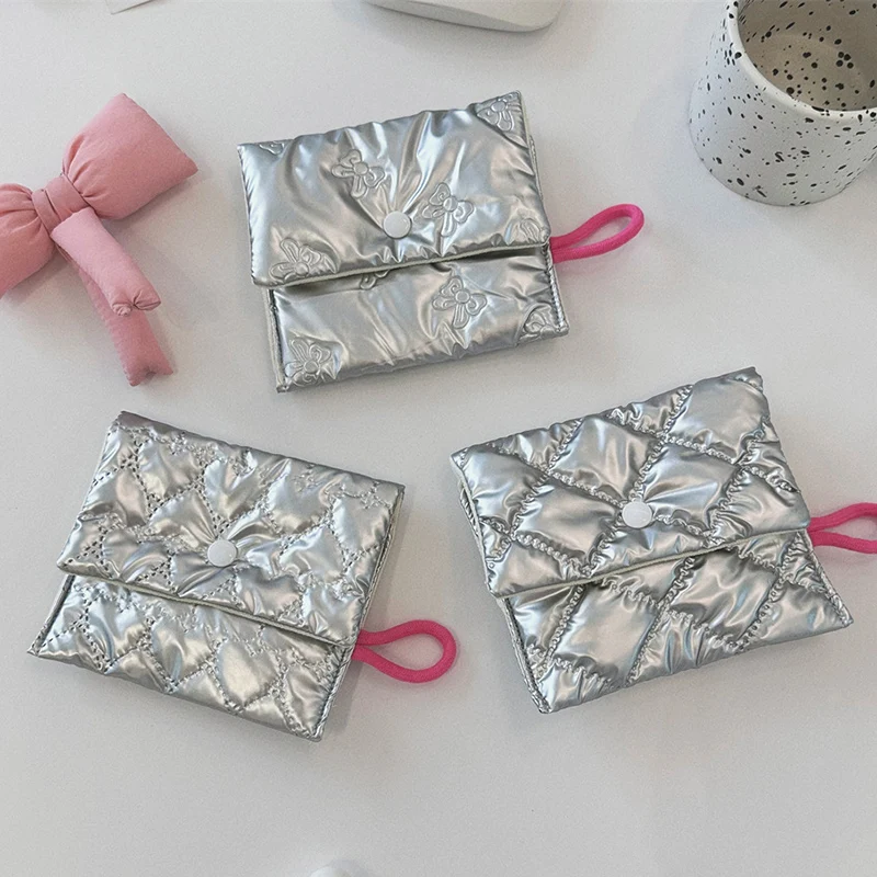 Silver Lingge Bow Pattern Coin Purses Small Sanitary Napkin Coin Wallet Lady Girls Earphone Coin Key Money Storage Bag Pouch