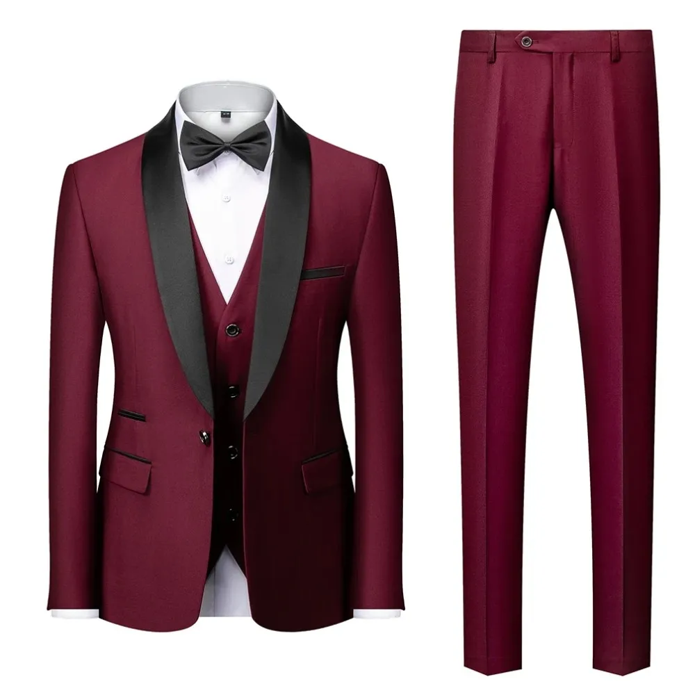 

Classic Men Suits Burgundy Wedding Groom Tuxedos Black Shawl Lapel Groomsmen Costume Homme 3 Pieces Set Jacket+Pants+Vest