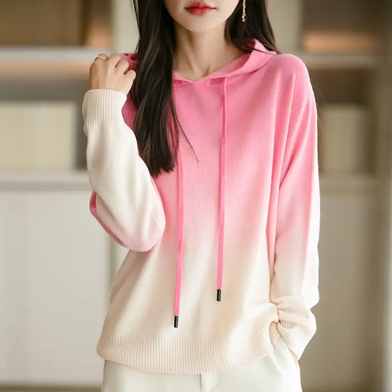 Women Clothing Gradient Print Chic Sweet Hooded Knitted Sweater Simple Hoodie Long Sleeve Loose All Match Pullover Tops Jumper
