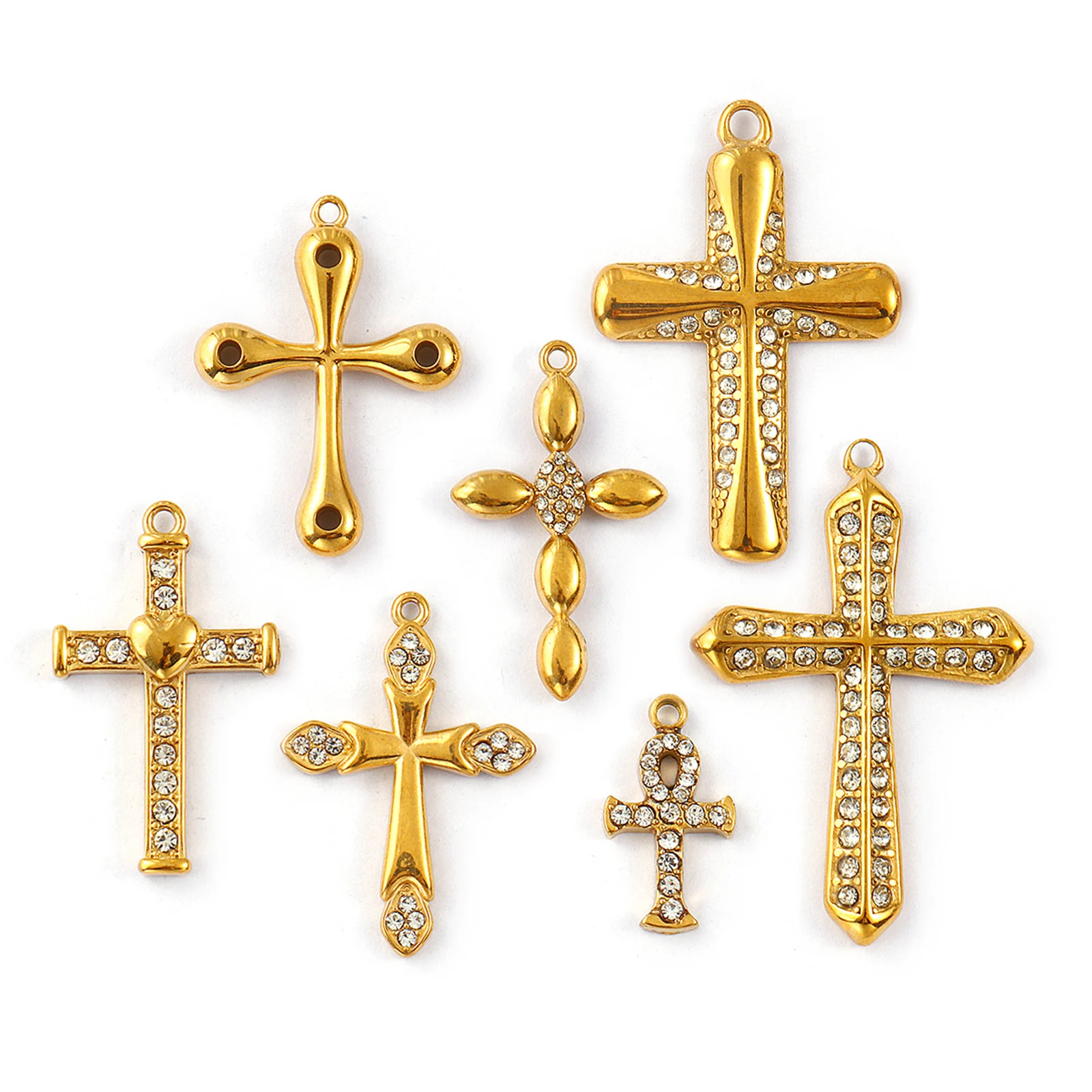 Doreen Box 1pc 304 Stainless Steel Religious Cross Charms 18k Gold Plated Cross Clear Rhinestone Necklace Pendants For Women - Image 2