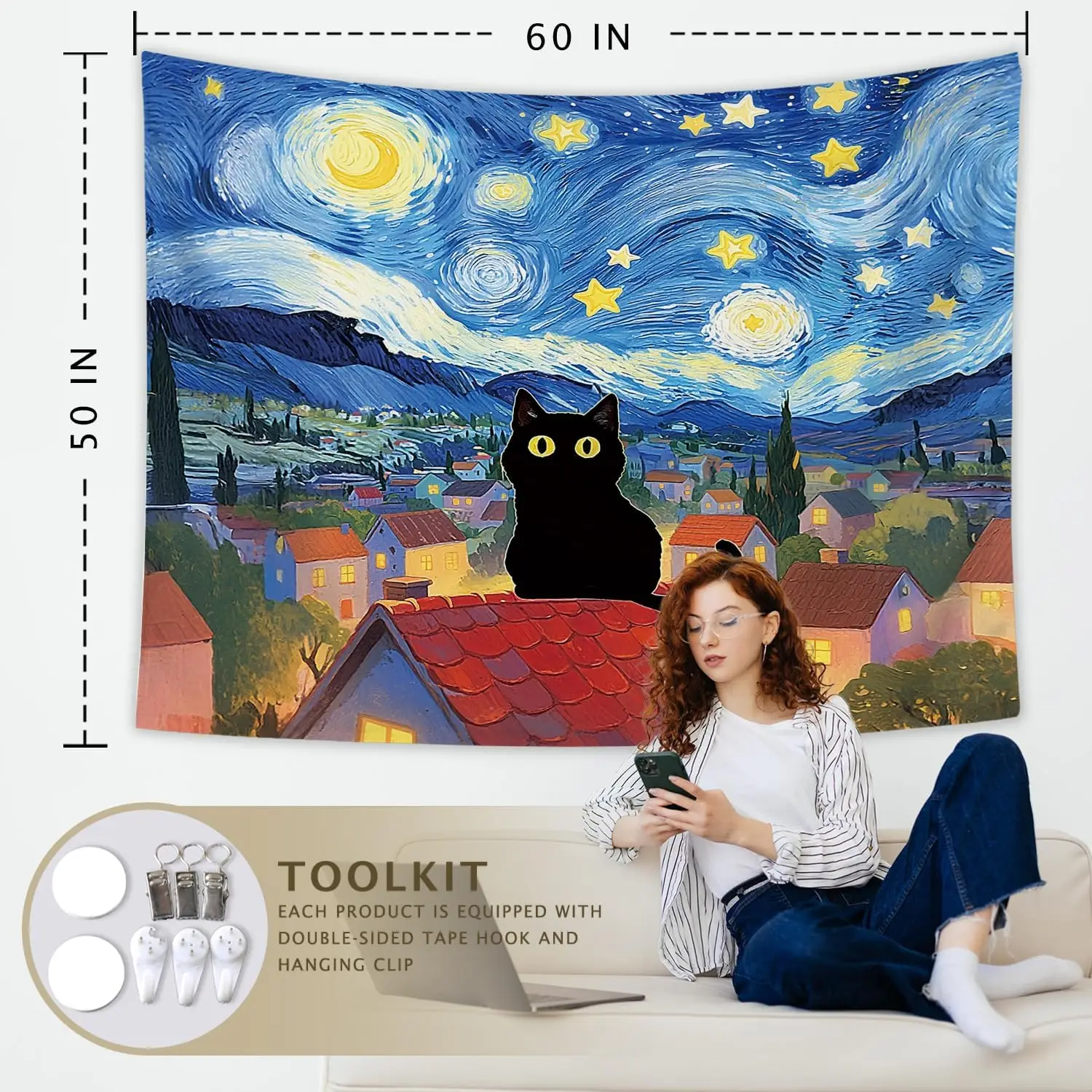 Magical Black Cat Starry Night Tapestry Wall Hanging Milky Way Constellation Fantasy Art Decor for Bedroom Living Room Home Deco