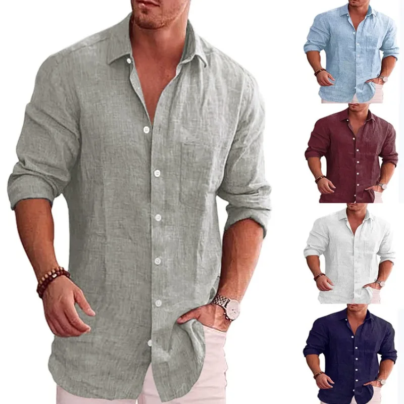 

2024 Foreign Trade Men's Loose Size Solid Color Shirt Linen Flax Polo Collar Long Sleeve Casual Shirt Men's