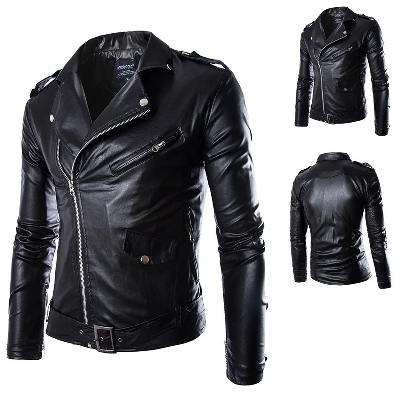 QICHE Men Slim PU Leather Jacket Motorcycle Style Casual Outerwear Fashion New Long Sleeve Coat