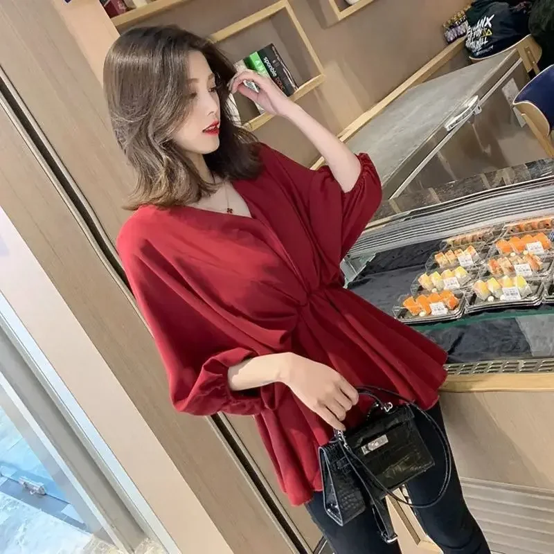 Blouses Women V-neck Print Elegant Breathable High Street Korean Style Defined Waist Folds Long Sleeve Shirts Female New Arrival