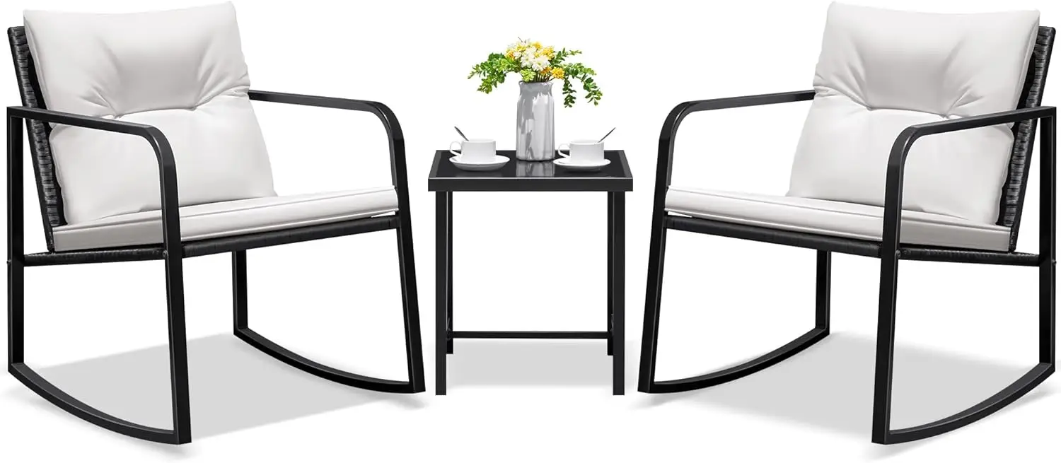 

3 Pieces Rocking Wicker Bistro Set, Patio Outdoor Furniture Conversation Sets with Porch Chairs and Glass Coffee Table, Beige