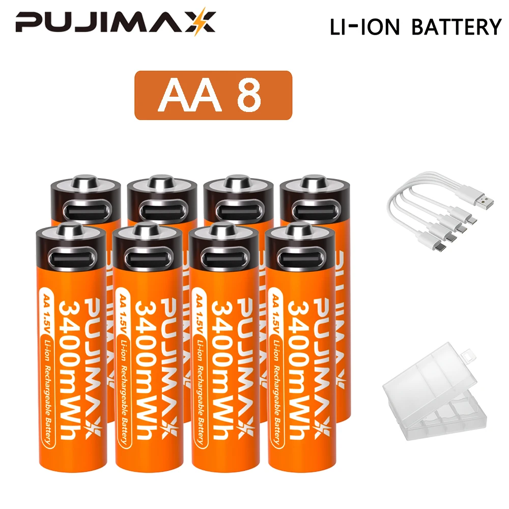 PUJIMAX 1,5 V AA en AAA oplaadbare lithiumbatterij 3400 mWh/1100 mWh, Type-C-poort Opladen worden hergebruikt 1500 keer voor wekkers