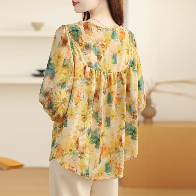 Women Summer Korean Simplicity Loose Printing Chiffon O-neck Long Sleeve Shirts Women Clothes Casual All-match Office Lady Tops