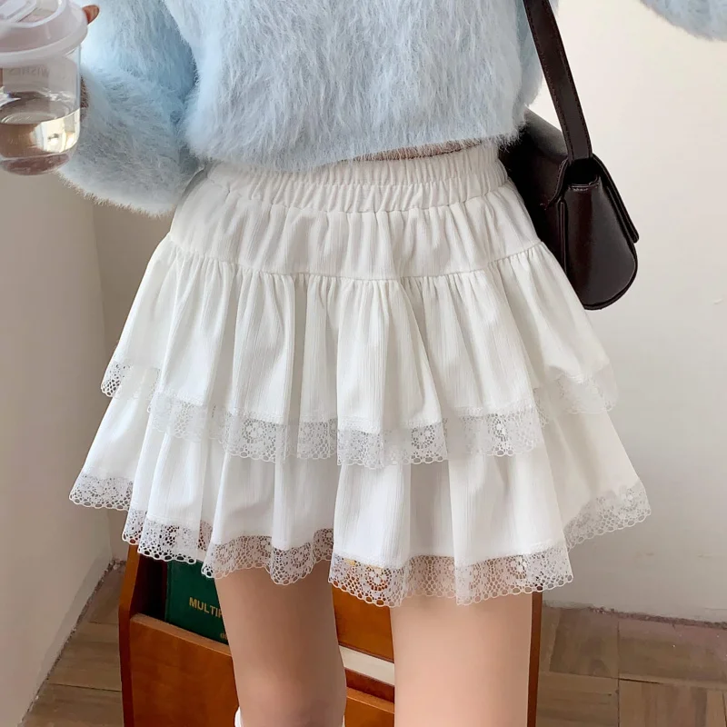Real Shot Winter New French Ballet Style Lace Patchwork Puffy Cake Ruffle High Waist A-Line Skirt