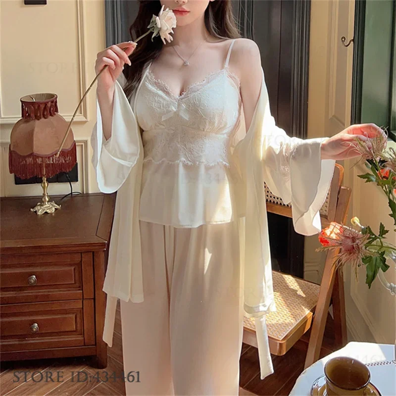 

Sexy 3Pcs Lace Trim Velour Pajamas Suit Warm Home Clothes Autumn Winter New Loungewear Sleepwear Cami Top Pants Robe Pjs