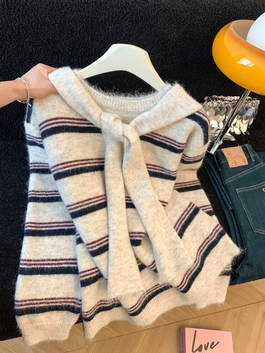 

Женский свободный вязаный свитер в полоску с длинными рукавами, облегающий, с эффектом стройности, модный, из мягкой смесовой шерсти, для повседневной носки