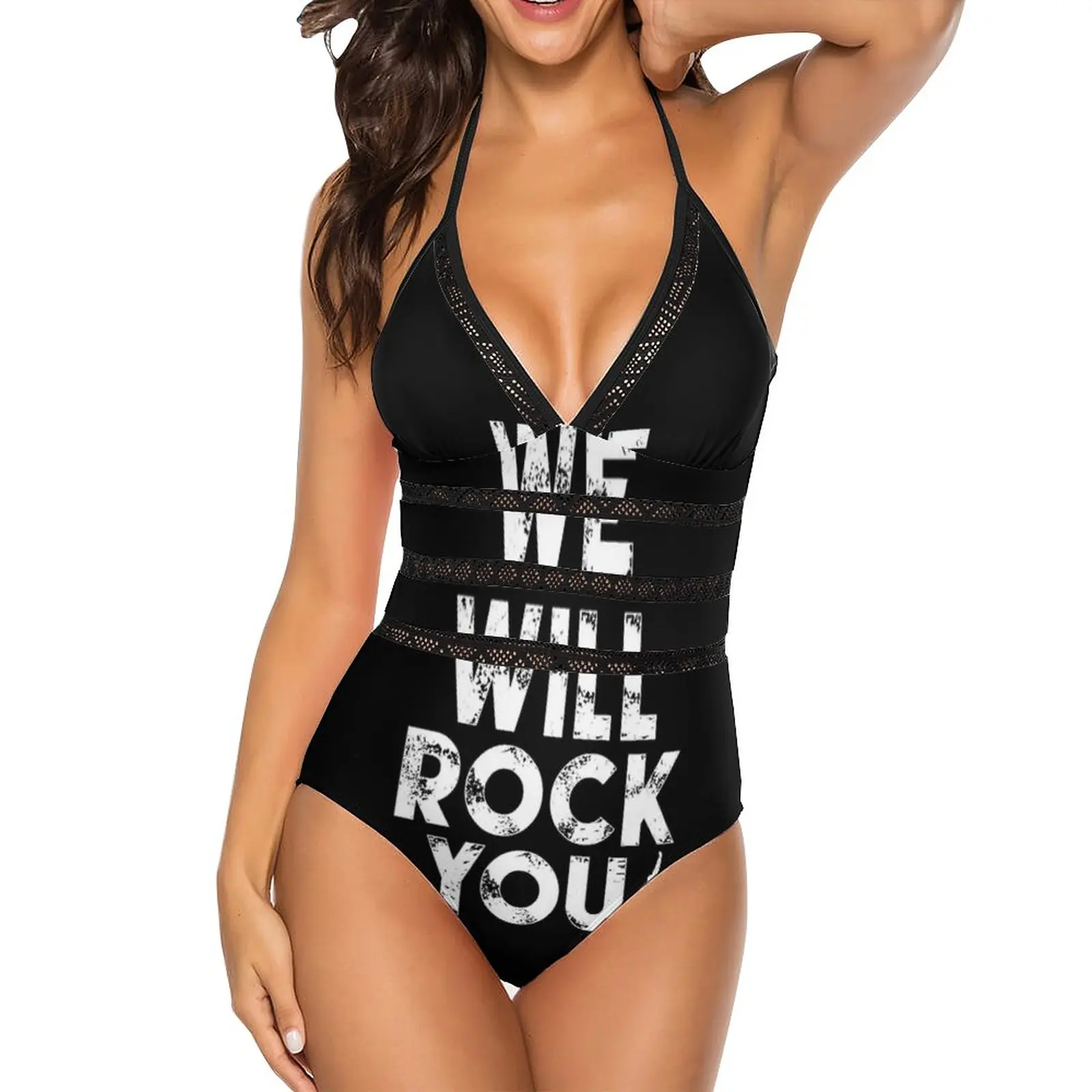 We Will Rock You Deep V-Neck Halter One-Piece Swimsuit Ladies Monokini Beach Bathing Suits Swimwear We Will You Dont Stop Meow