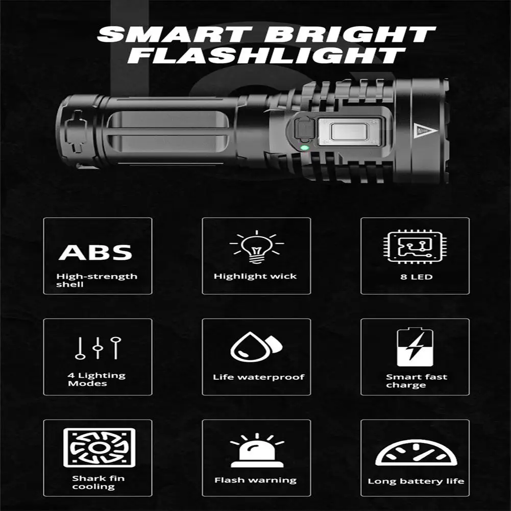 8led Flashlight 12000lm Super Bright Rechargeable Torch Tactical Lights Hand Lantern Outdoor Camping Nocturnal Emergency Tool