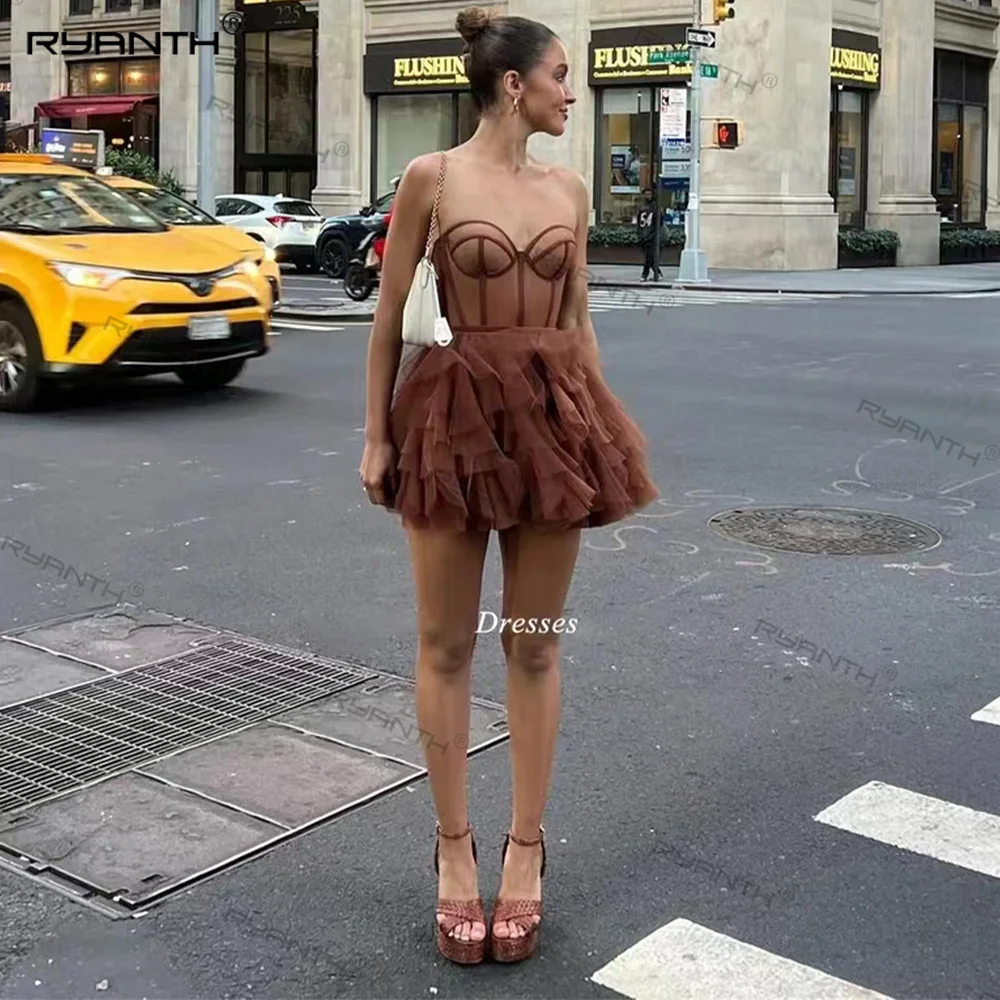 Ryanth-Vestido corto De tul para fiesta De graduación, traje De Noche plisado sin tirantes, para ocasiones especiales