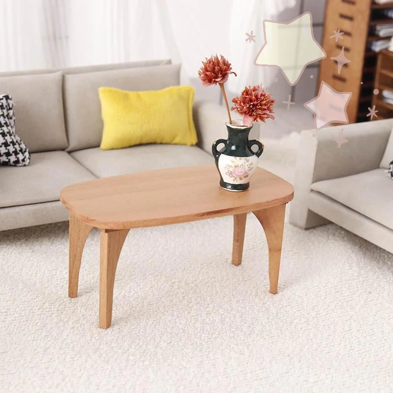 1Pcs Cute Dollhouse Miniatures Cherry Tone Wood Coffee Table Side Desk Model Mini Furniture Ornaments For Pretend Play Toy Gifts