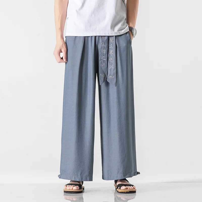 Chinese Style Summer Thin Ice Silk Embroidery Casual Wide Pants Loose Plus Size Hakama Harajuku Oversized Trousers Men Clothing