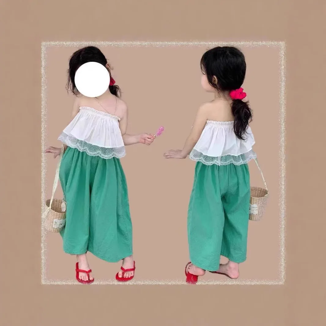 

Girls' Suit Korean Version of Summer New Lace Lace Tube Top Green Wide-leg Pants Suit Fashion Casual