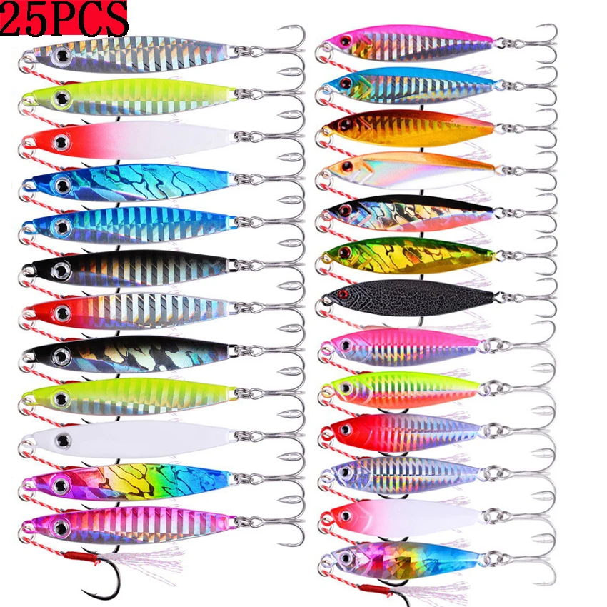 25PCS Super Quatity Metal Casting Jig Set 14g 20g 30g 40g Shore Drag Cast Jigging Spoon Fishing Lure Artificial Bait Tackle