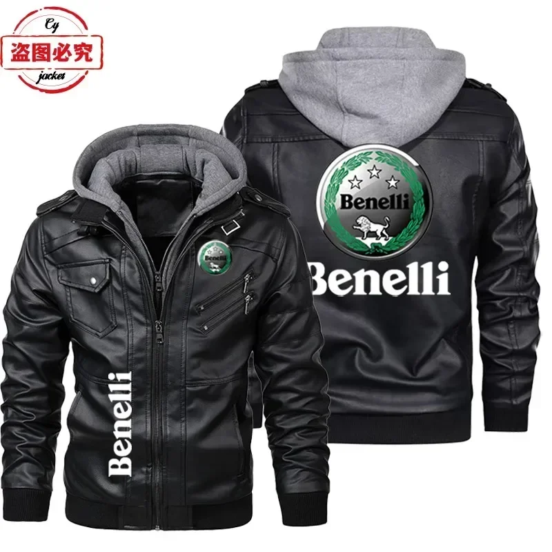 

European size Benelli Motorcycle Logo Leather Jacket Vintage Washed PU Leather Jacket Windproof Men's Hooded Jacket Team Outfit