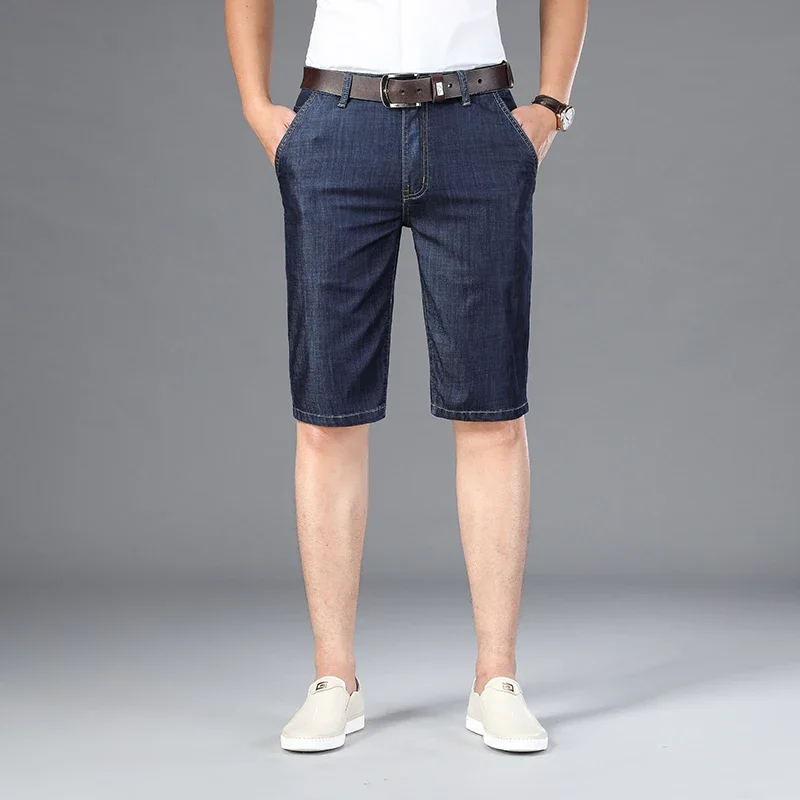 Pop Brand Men Business Denim Shorts Summer Thin Lyocell Straight Casual Short Jeans Slim Work Male Clothes Short Pants