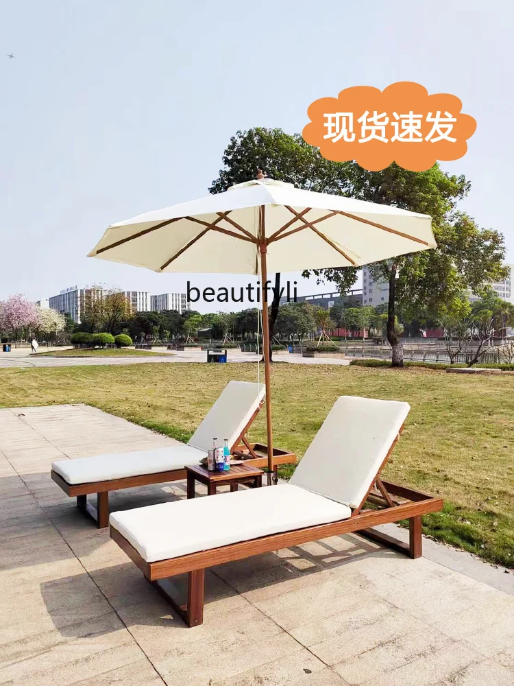 Solid Wood Beach Chair Scenic Spot Wooden Lying Bed Outdoor Seaside Swimming Pool Beach Chair Antiseptic Wood