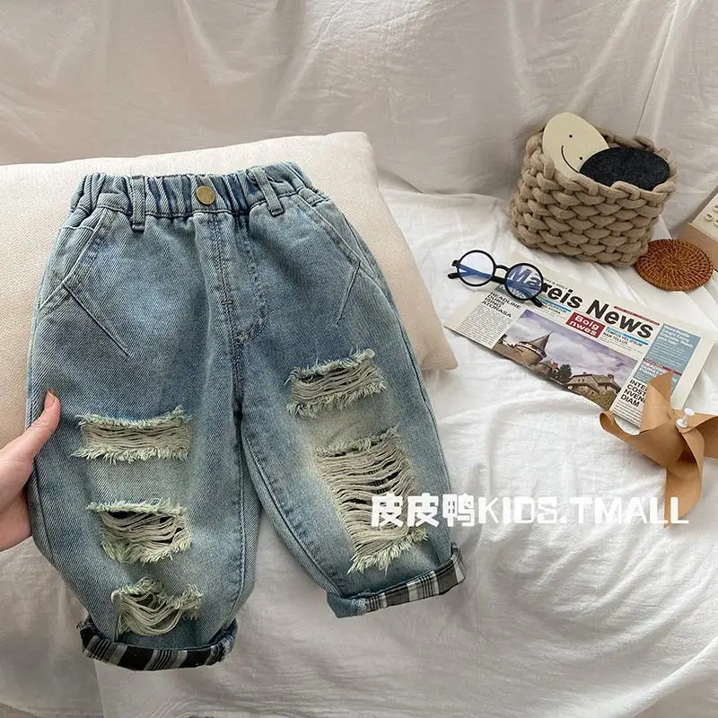 1-7Yrs Kids Boys Hole Pants Spring Autumn Baby Jeans 2024 New Children\'s Ripped Jeans Pants Boys KoreanTrousers Baby Girl Pants