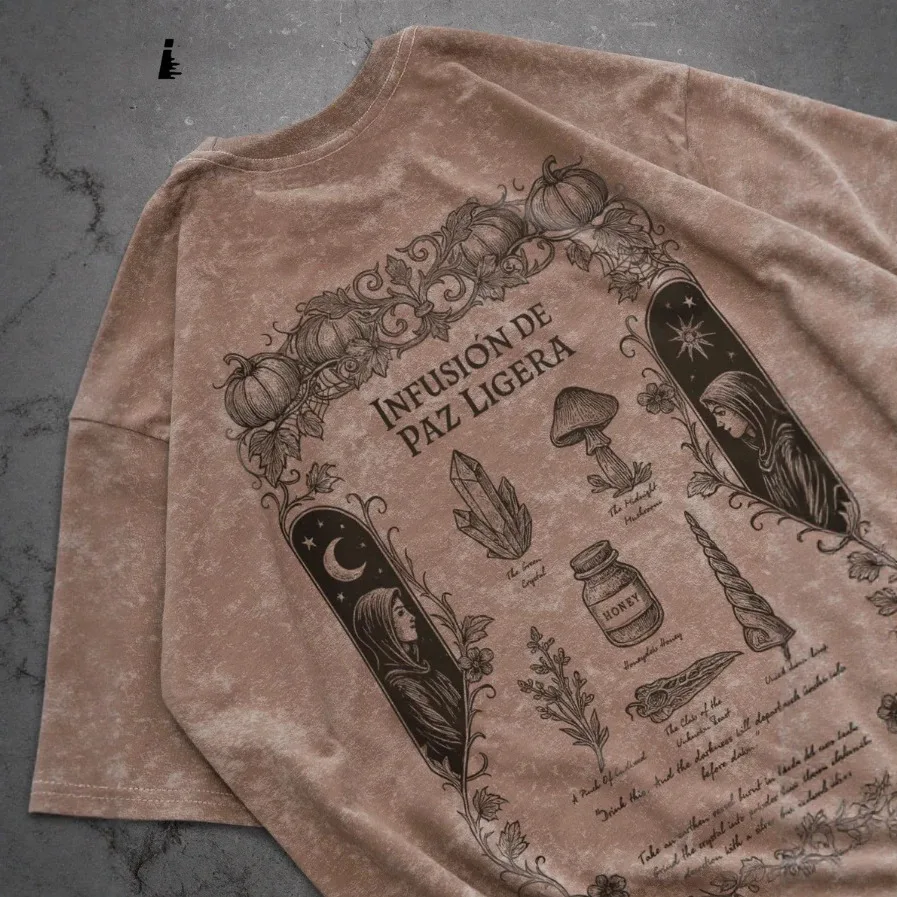 American Punk Vintage Witch Herbal Crystal Mushroom Frame Back Print Washed Brown Oversized 100% Cotton Summer Unisex T Shirt