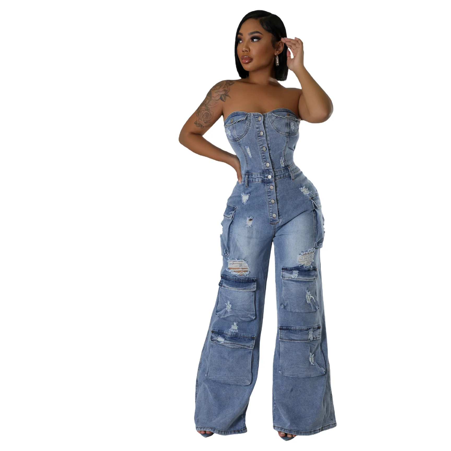 

Europe America New Fashionable Strapless Denim Jumpsuits. Women's Spring Slim-fit, Washed Ripped, Multi-pocket Workwear Jumpsuit