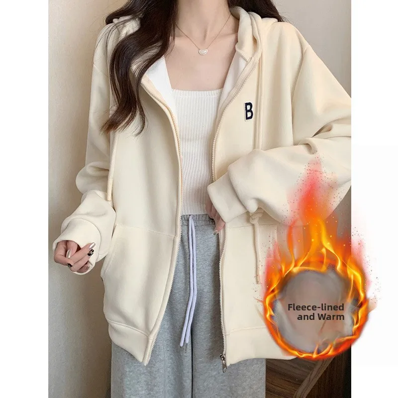 

Утепленная флисовая толстовка на молнии с капюшоном и шнурком для женщин, свободного кроя, весна-осень-зима, новая модная коллекция, серия Milk, куртка