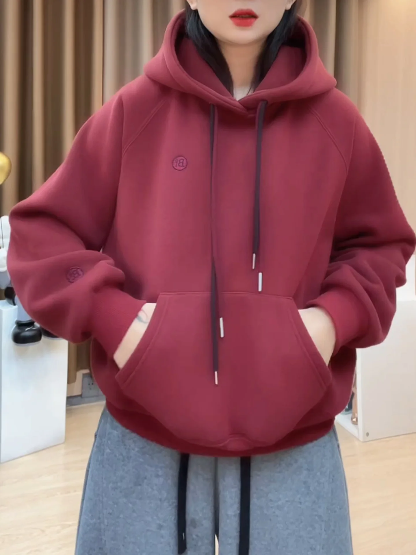 

Korean Sle Women's Hoodie Thiened Long Sve Loose Fit Autumn Winter Spor Red Color Slimming Top Casual Streetwear